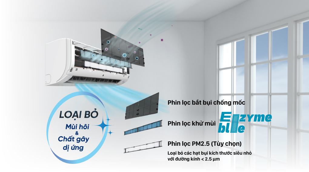 Máy lạnh Daikin Inverter 1 HP FTKZ25VVMV - Phin lọc Enzyme Blue khử mùi, giảm 99.9% một số loại vi khuẩn