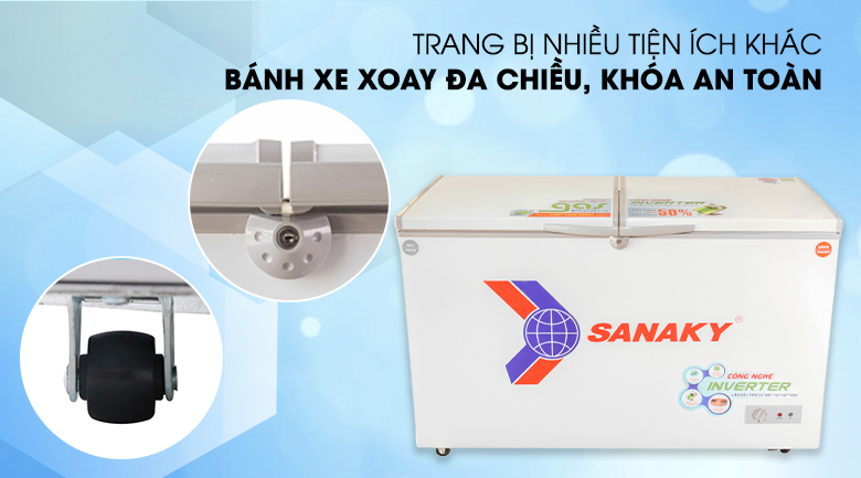 Tủ đông Sanaky VH-4099W3 với nhiều tiện ích nổi bật: bánh xe đẩy, khóa an toàn