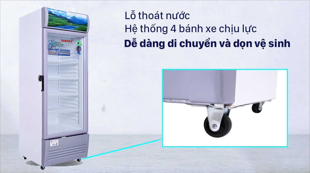 Tủ Mát Sanaky Inverter 290 lít TM.VH358K3L - Lỗ thoát nước, bánh xe di chuyển