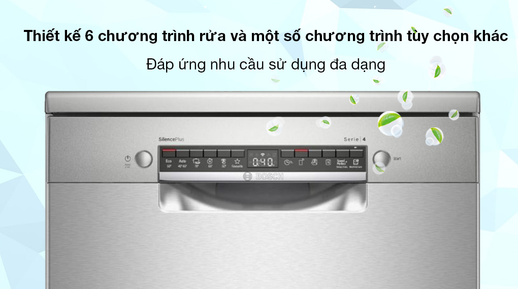 Máy rửa chén độc lập Bosch SMS4EVI14E - Thiết kế 6 chương trình rửa kèm nhiều chương trình tùy chọn khác tiện lợi 