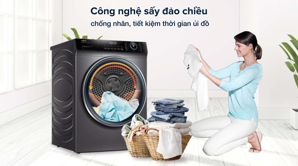 Máy sấy bơm nhiệt Aqua Inverter 10 kg AQH-H1000H PS - Sấy đảo chiều chống nhăn