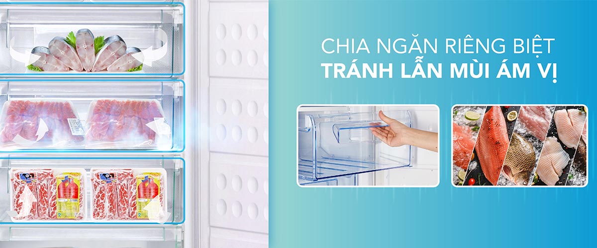 Ngăn riêng biệt tránh lẫn mùi ám vị của thực phẩm