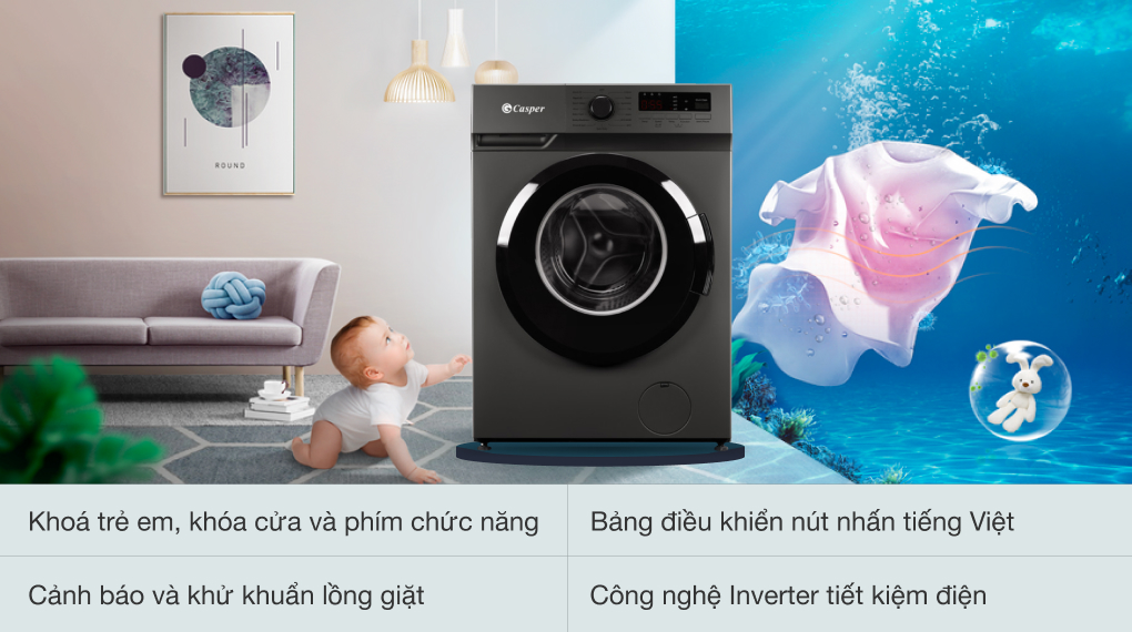 Tiện ích - Máy giặt Casper Inverter 9 kg WF-9VG1 