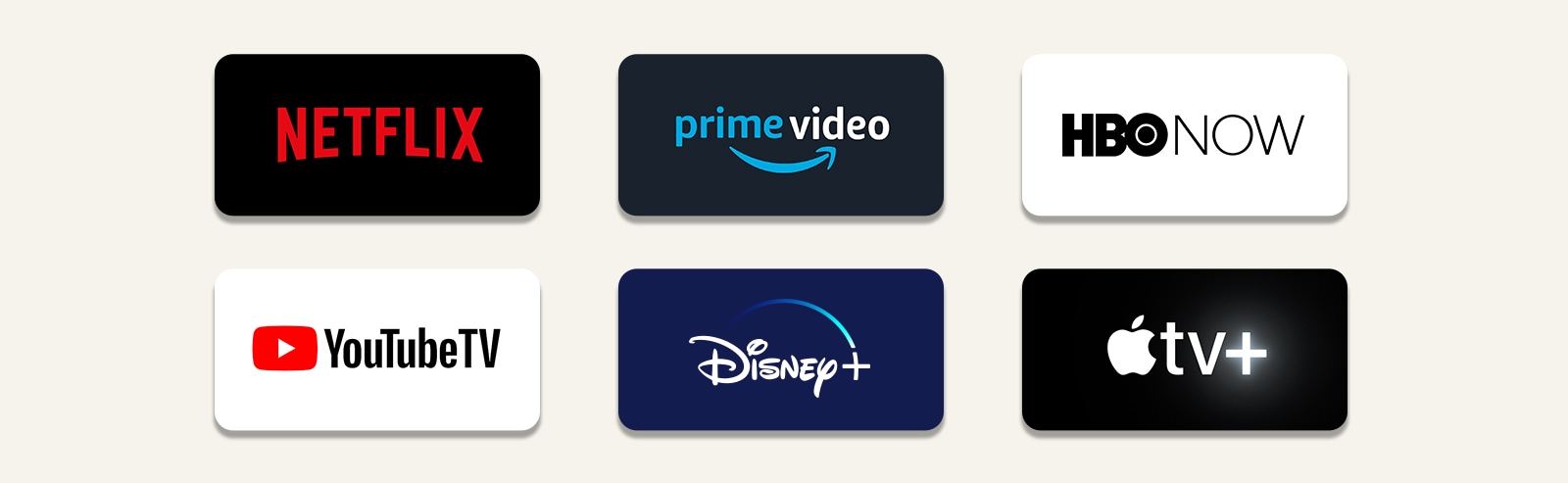 Biểu tượng dịch vụ phát trực tuyến OTT xuất hiện liên tiếp. Từ trên cùng bên trái; Netflix, Video Amazon Prime, HBO NGAY, YouTubeTV, Disney và Apple TV. 