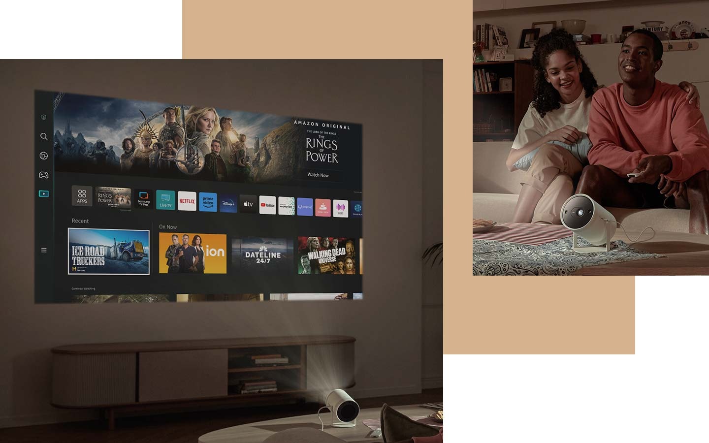 Các tính năng của Smart TV Samsung được The Freestyle chiếu lên tường. Một cặp đôi hạnh phúc đang ngồi trên chiếc ghế dài với The Freestyle trước mặt họ.