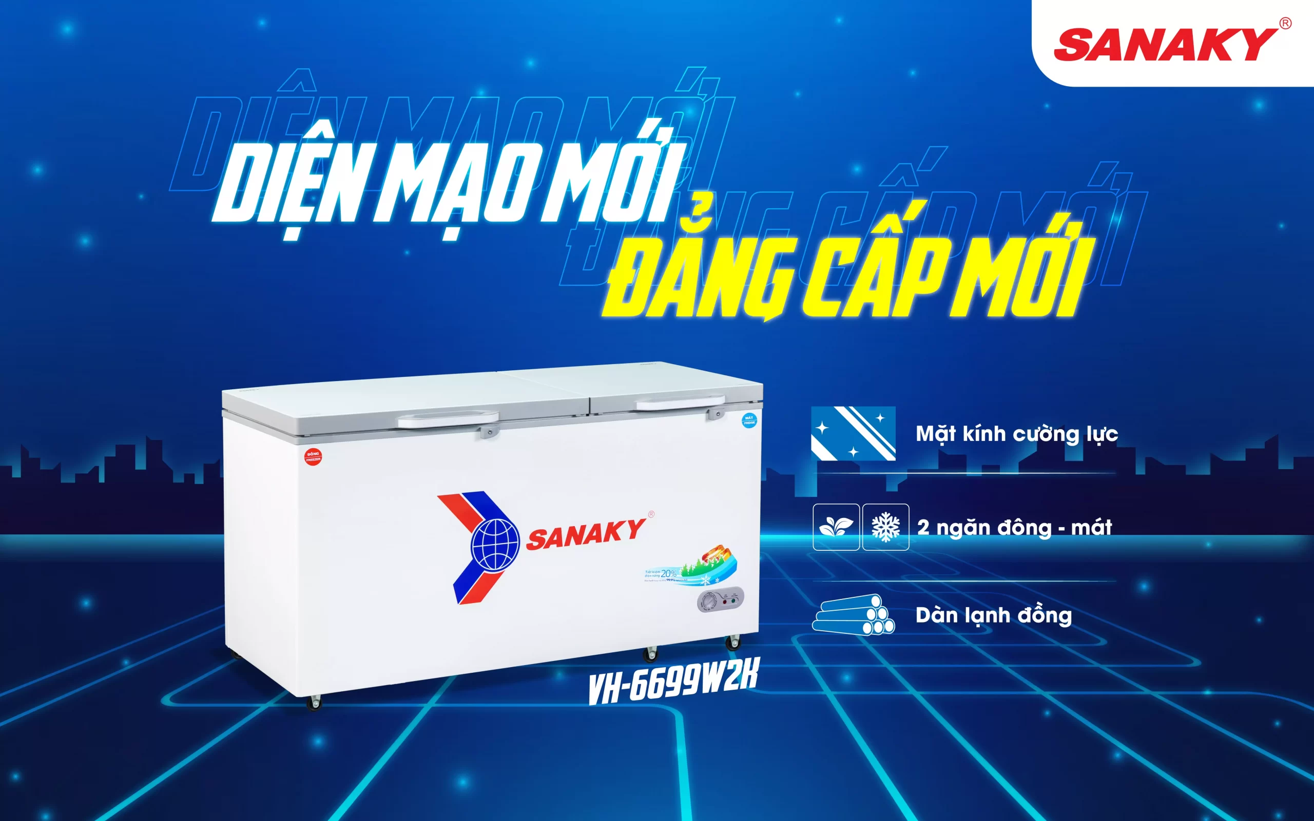 Tủ đông Sanaky VH-6699W2K 2 ngăn, 2 cánh, 485 lít dàn lạnh đồng