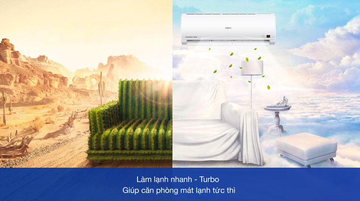 Máy lạnh Aqua Inverter 1 HP AQA-KCRV10TR được trang bị chế độ làm lạnh nhanh Turbo giúp làm mát căn phòng nhanh chóng.