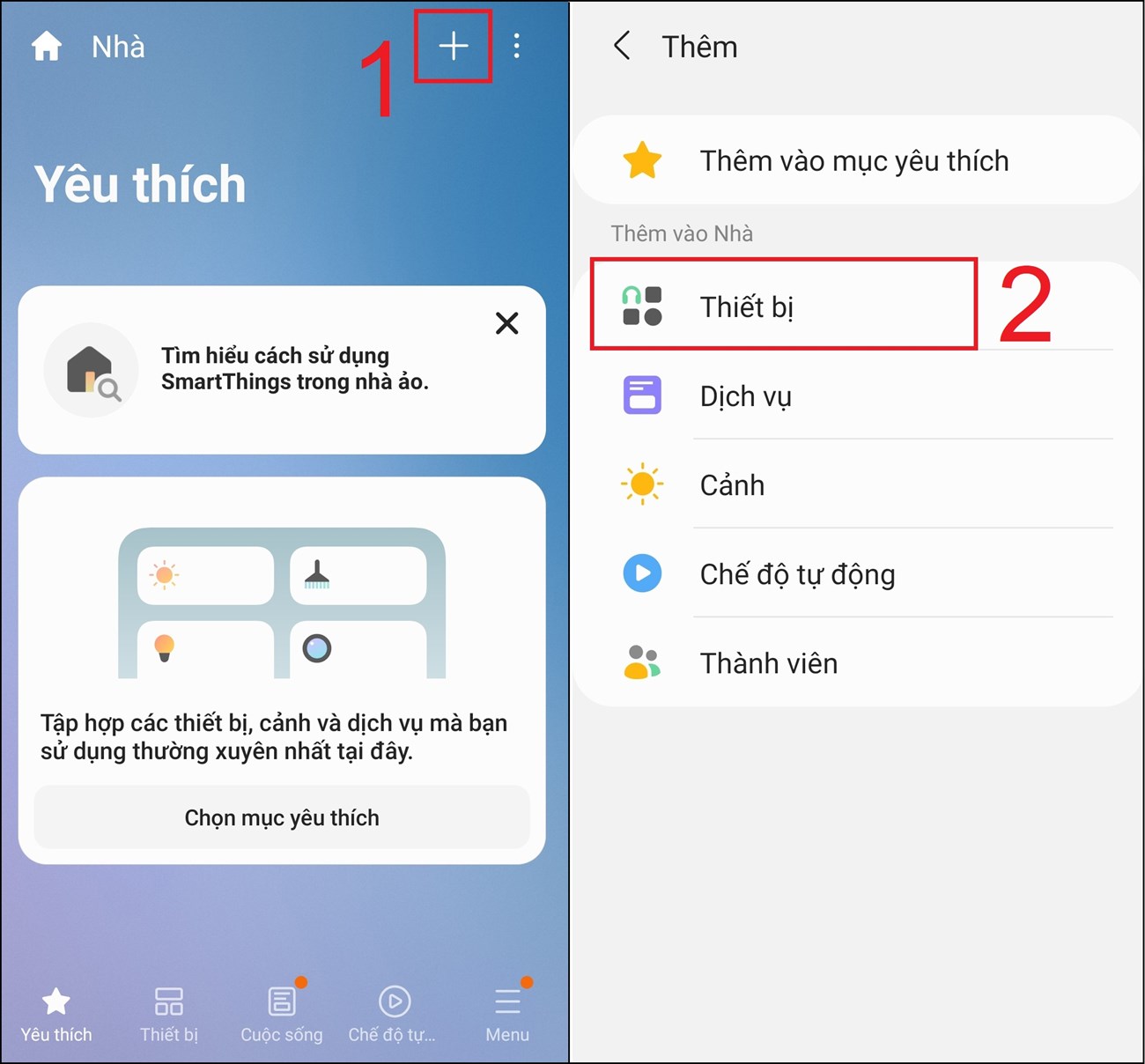 Tại giao diện màn hình chính, bạn nhấn biểu tượng dấu cộng (+) phía trên góc phải > Chọn mục Thiết bị.