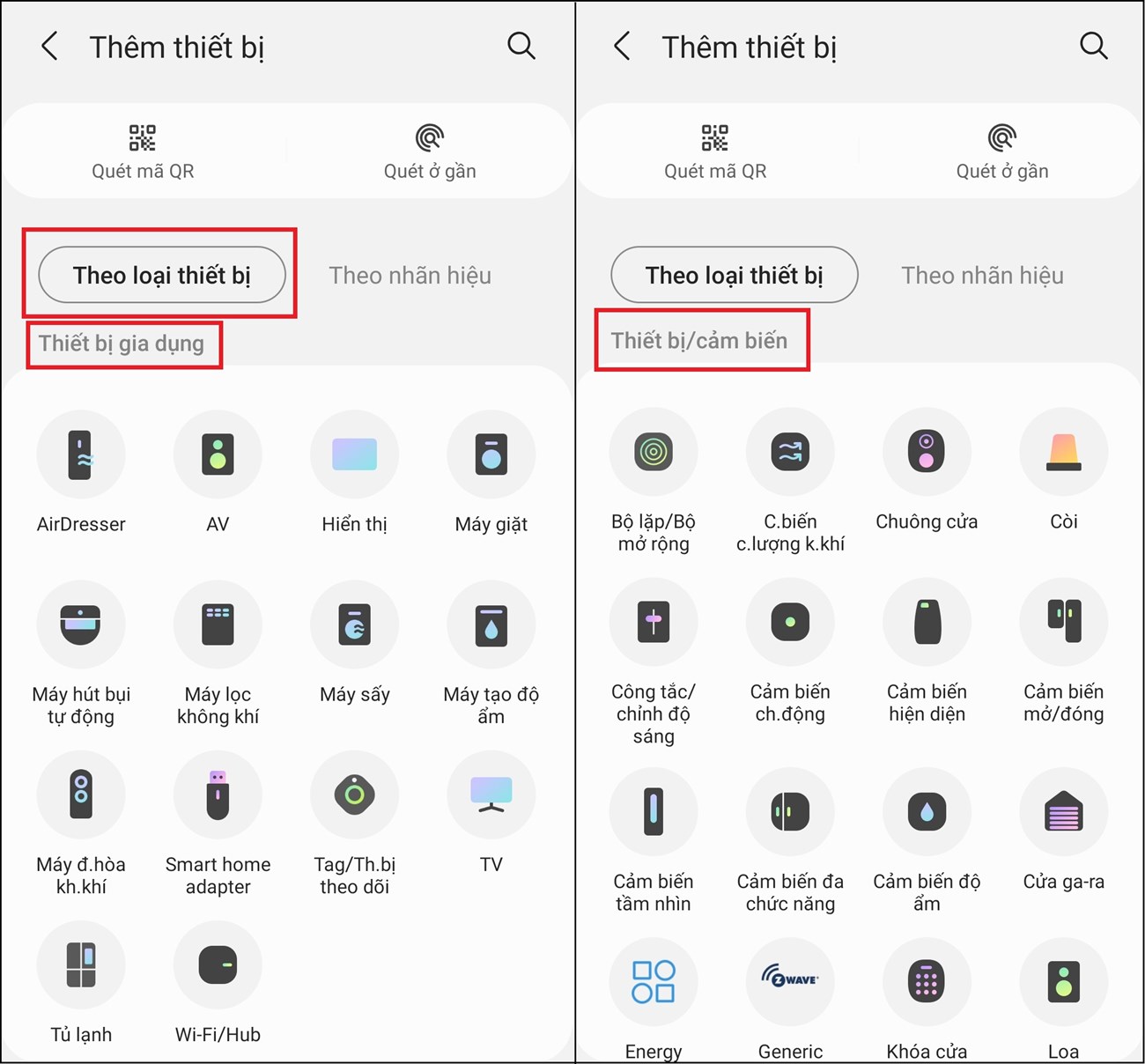 Lựa chọn theo loại thiết bị mà bạn muốn kết nối. Ứng dụng hỗ trợ 2 nhóm thiết bị là: Thiết bị gia dụng và Thiết bị cảm biến.