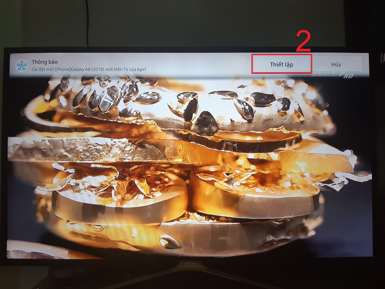 Trên tivi của bạn sẽ hiển thị thông báo của SmartThings > Chọn Thiết lập trên tivi.