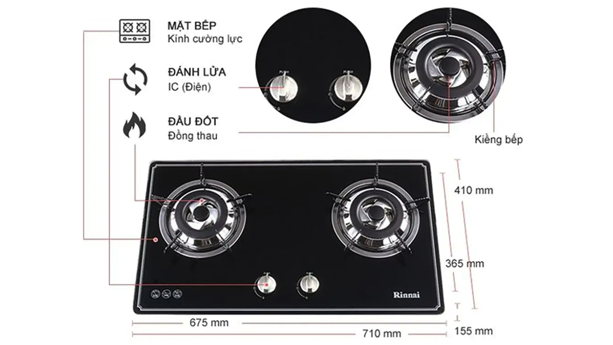 Kích thước và cấu tạo bếp gas âm Rinnai RVB-2BG(B)N