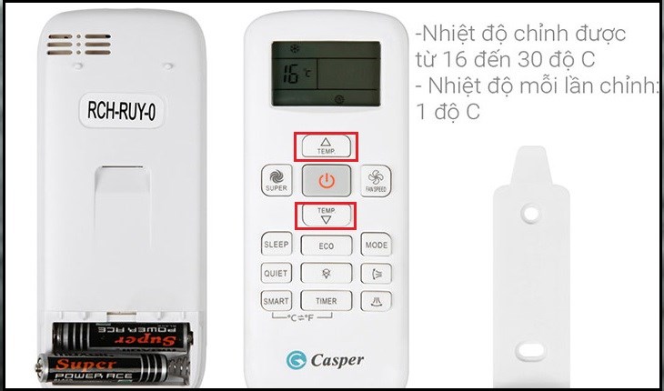 Sử dụng điều khiển điều hòa Casper để điều chỉnh nhiệt độ hãy nhấn nút SET (TEMP)