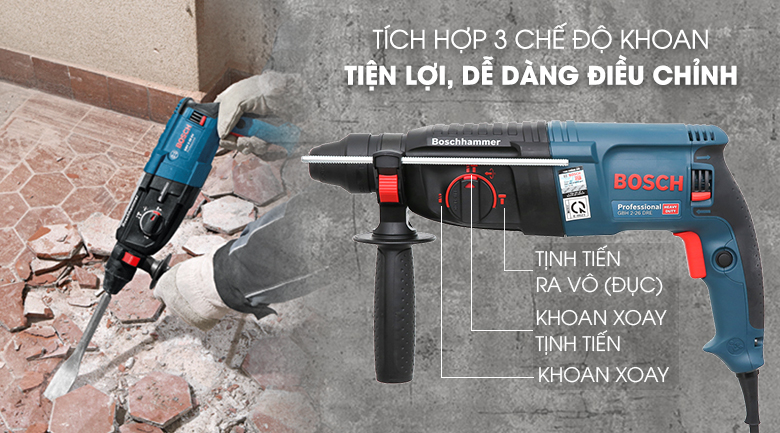 Tích hợp 3 chế độ khoan mạnh mẽ, phù hợp với mọi công việc - Máy khoan búa Bosch GBH 2-26 DRE