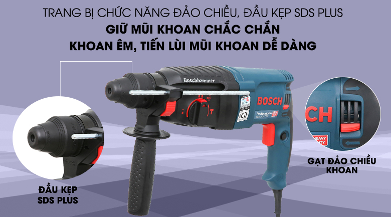 Có chức năng đảo chiều tiện lợi và đầu măng ranh SDS Plus mới mẽ - Máy khoan búa Bosch GBH 2-26 DRE 