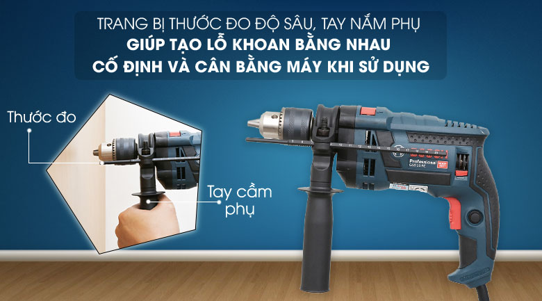 Trang bị tay nắm phụ và thước đo độ sâu tiện lợi - Máy khoan động lực Bosch GSB 16 RE