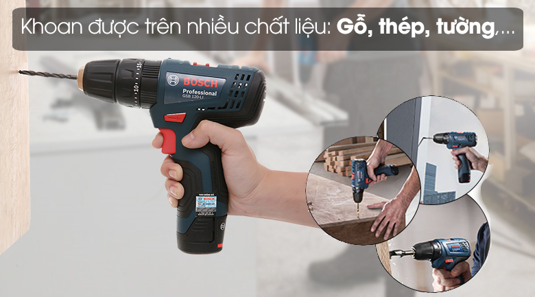 Có thể khoan được trên nhiều chất liệu: gỗ, thép, tường,... - Máy khoan động lực dùng pin Bosch GSB 120-LI 1 pin