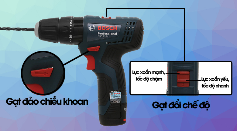 Có hai chế độ lực truyền động cùng chức năng đảo chiều tiện lợi - Máy khoan động lực dùng pin Bosch GSB 120-LI 1 pin