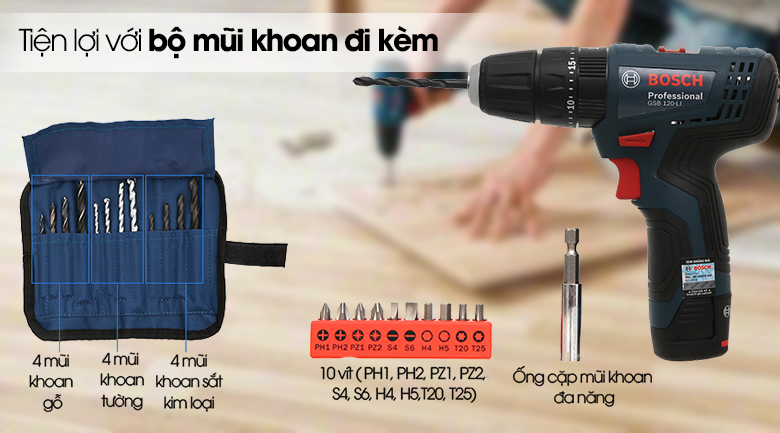 Tiện lợi với bộ mũi khoan đi kèm - Máy khoan động lực dùng pin Bosch GSB 120-LI 1 pin