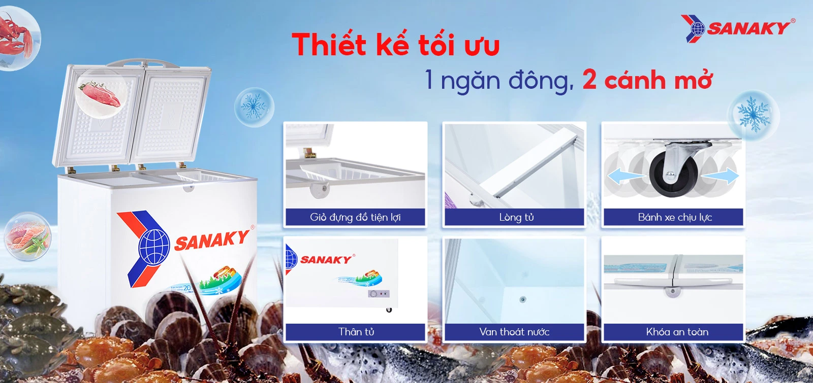 Tủ đông Sanaky VH-2299A1 có thiết kế 1 ngăn đông và 2 cánh mở