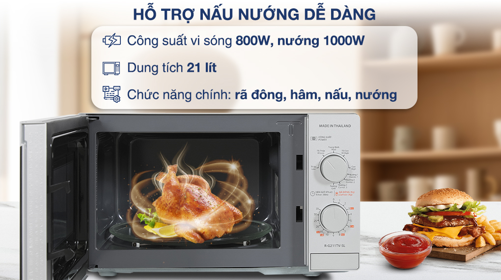 Lò vi sóng có nướng Sharp R-G211TV-SL 21 lít - Hỗ trợ nấu nướng