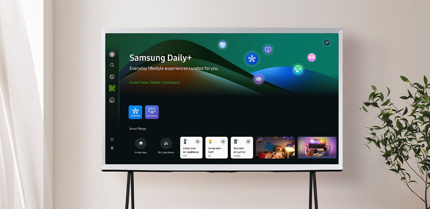 Serif TV hiển thị menu Samsung Daily+ với nhiều ứng dụng phong cách sống có sẵn.