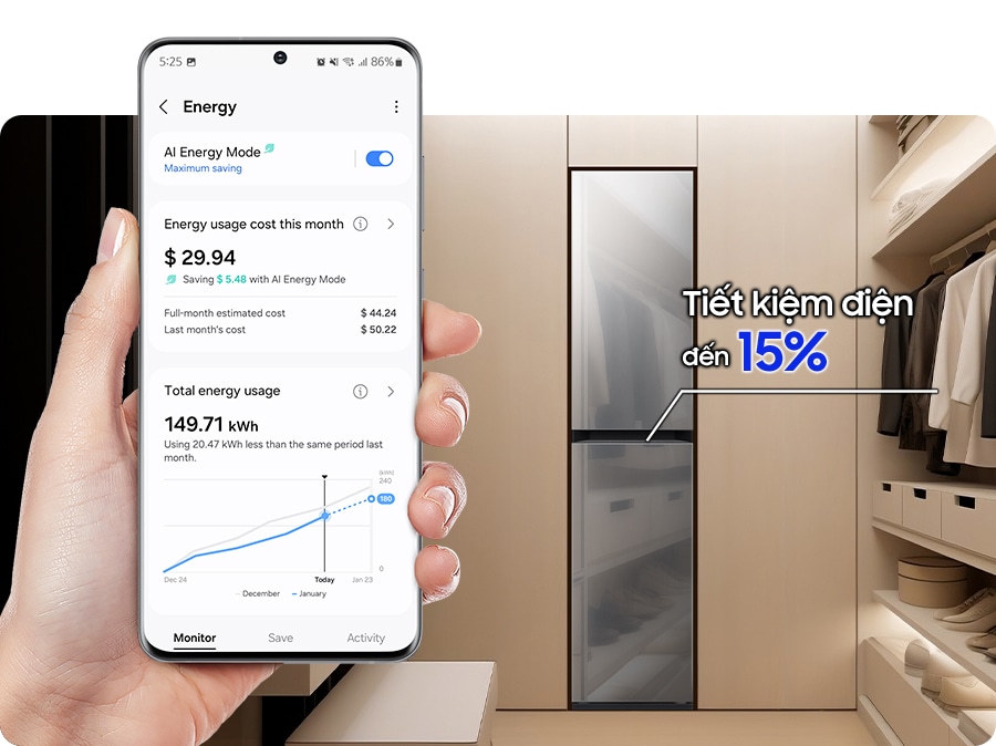 Chế độ AI Energy được kích hoạt bằng cách kiểm tra nút chế độ thành 'Bật' trên Điện thoại thông minh. Chế độ này tiết kiệm năng lượng lên đến 15%.