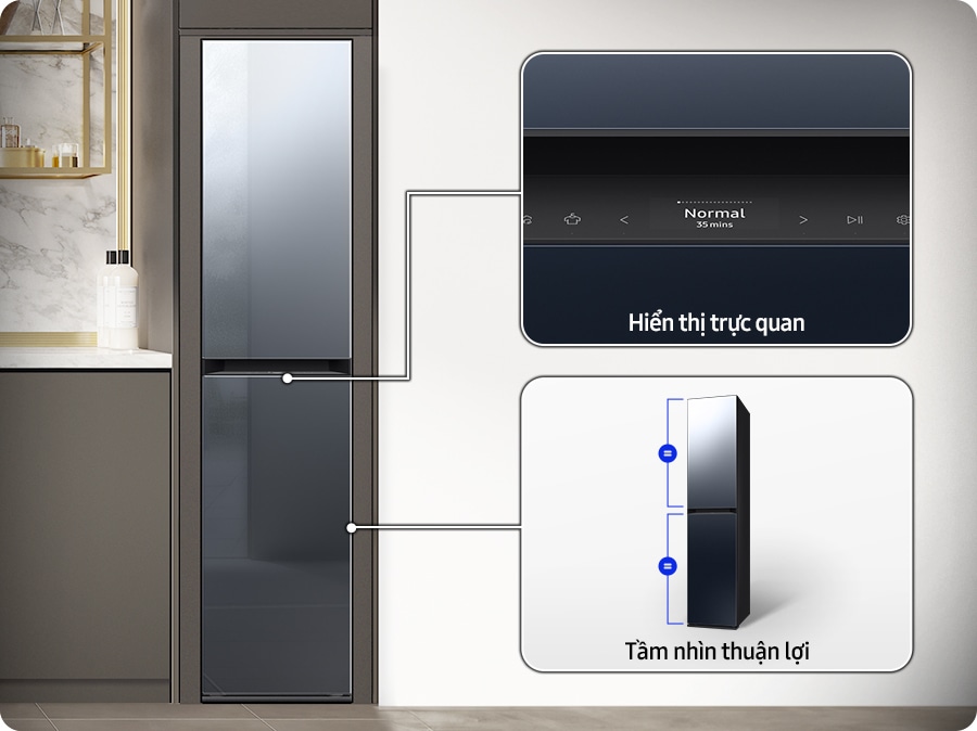 Air Dresser có hai điểm để vận hành thuận tiện. Điểm 1. Cửa trưng bày dễ dàng, Điểm 2. Tấm cửa (cùng kích thước). Màn hình hiển thị nằm ở giữa sản phẩm, do đó có thể vận hành dễ dàng.