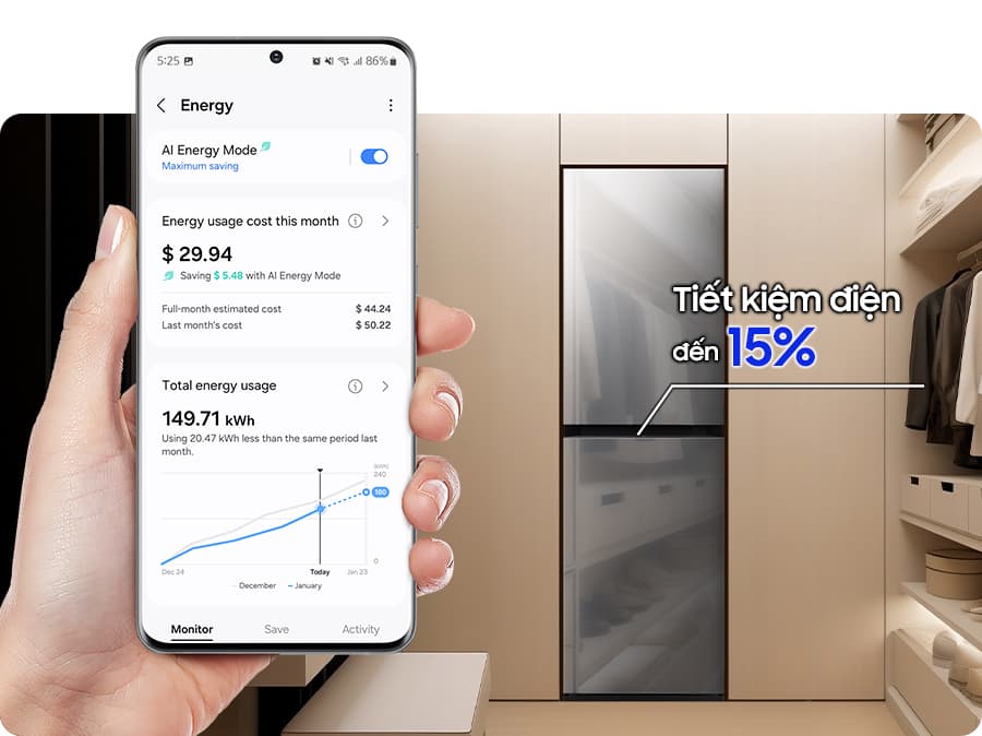 Chế độ AI Energy được kích hoạt bằng cách kiểm tra nút chế độ thành 'Bật' trên Điện thoại thông minh. Chế độ này tiết kiệm năng lượng lên đến 15%.
