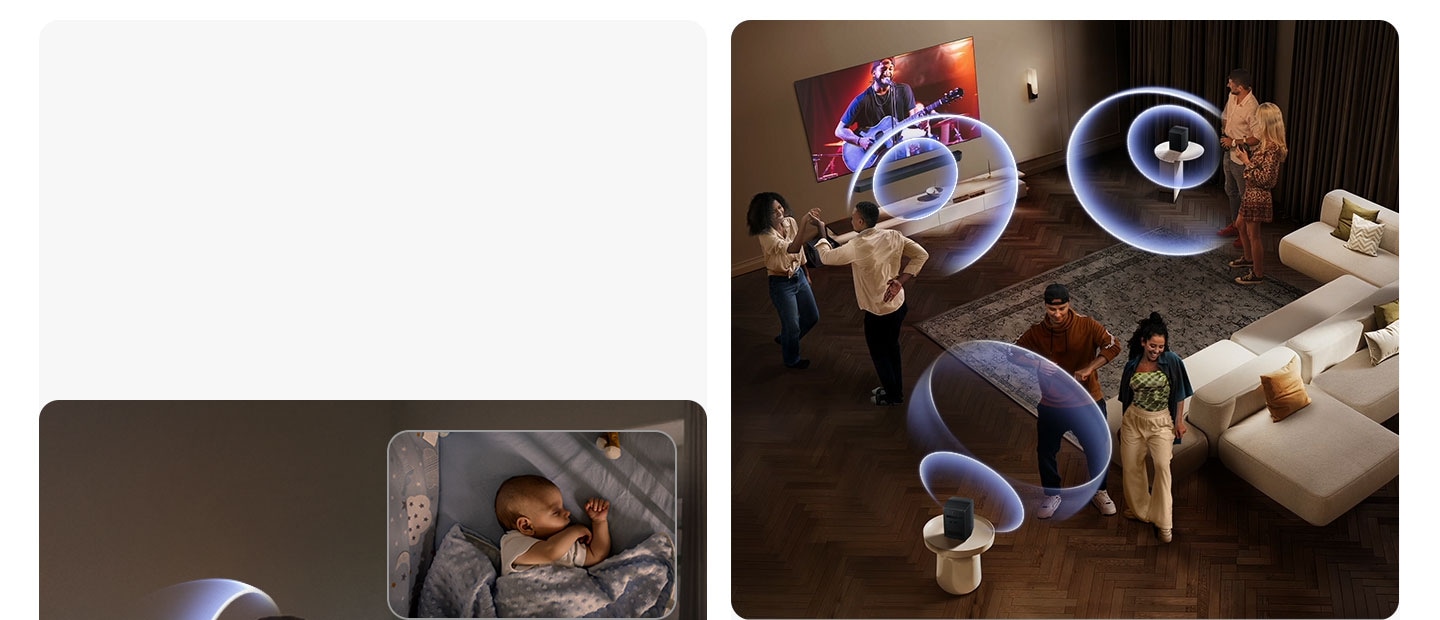 Cặp đôi ngồi trên ghế sofa nhận sóng âm thanh từ loa phía sau được đặt xung quanh họ. Trong một không gian khác, một em bé ngủ trong một cái cũi.
