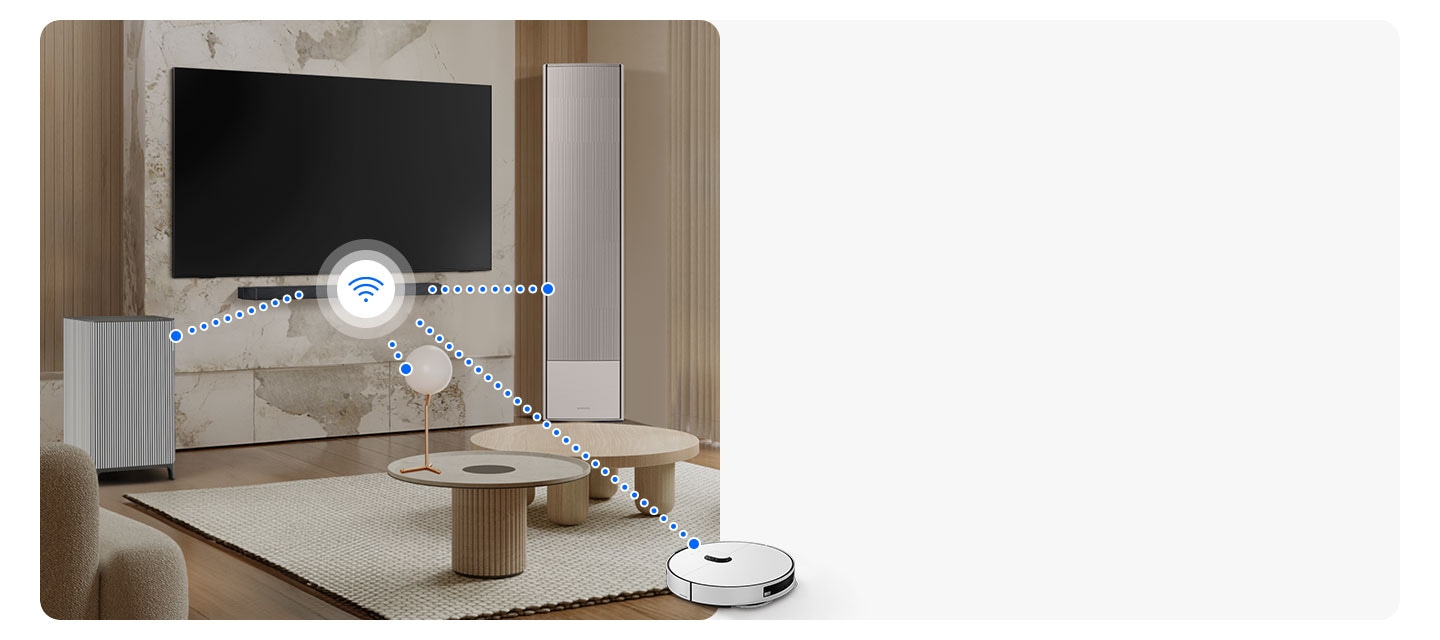Trong một phòng khách, một âm thanh trên tường phát ra tín hiệu Wi-Fi. Các đường chấm chấm khác nhau xuất hiện, kết nối thanh âm thanh với các thiết bị khác trong phòng, bao gồm máy hút bụi robot, đèn, điều hòa không khí và máy lọc không khí.