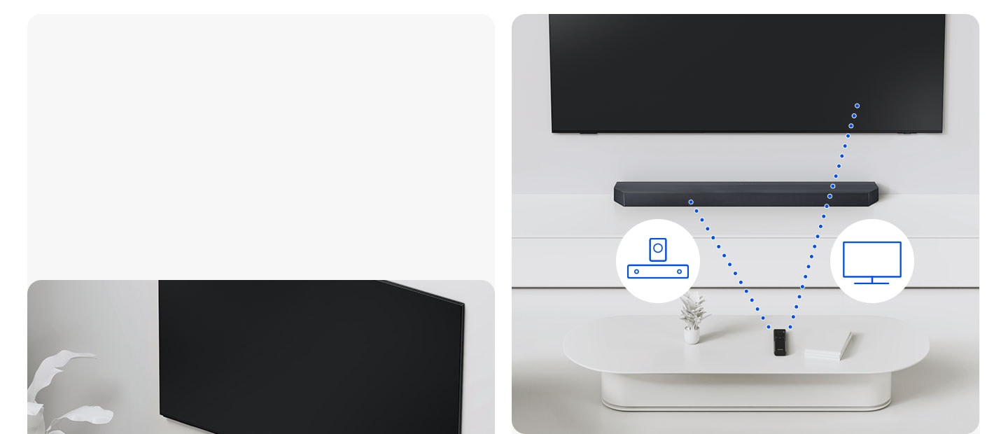 Một TV và soundbar được kết nối không dây thông qua các đường chấm chấm với các ký hiệu Wi-Fi và Bluetooth.