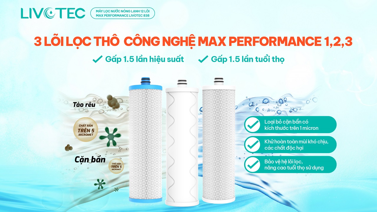 Livotec 838 với 3 lõi thô Max-Performance bảo vệ màng RO
