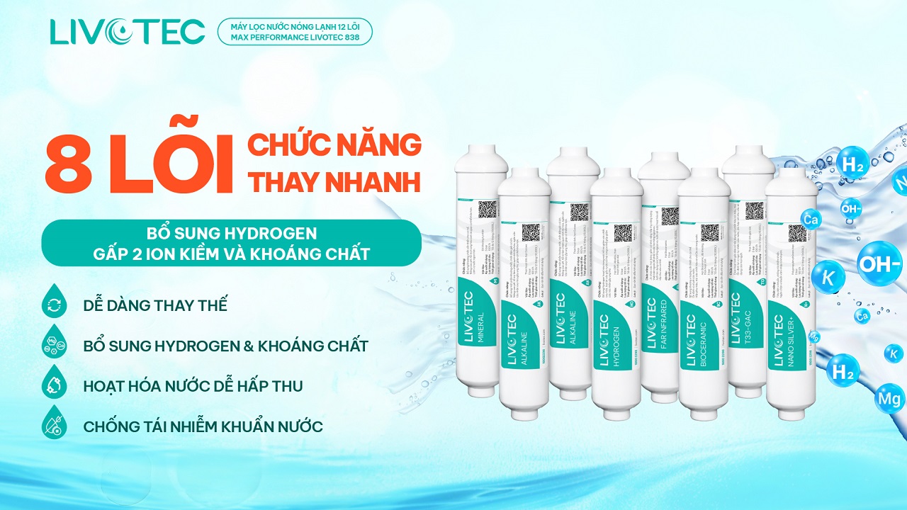 Máy lọc nước nóng lạnh Livotec 838 có 8 lõi chức năng