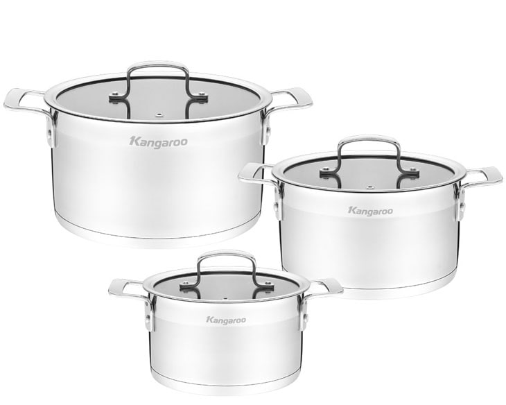 Bộ 3 nồi inox 5 đáy nắp kính Kangaroo KG2IP3S5