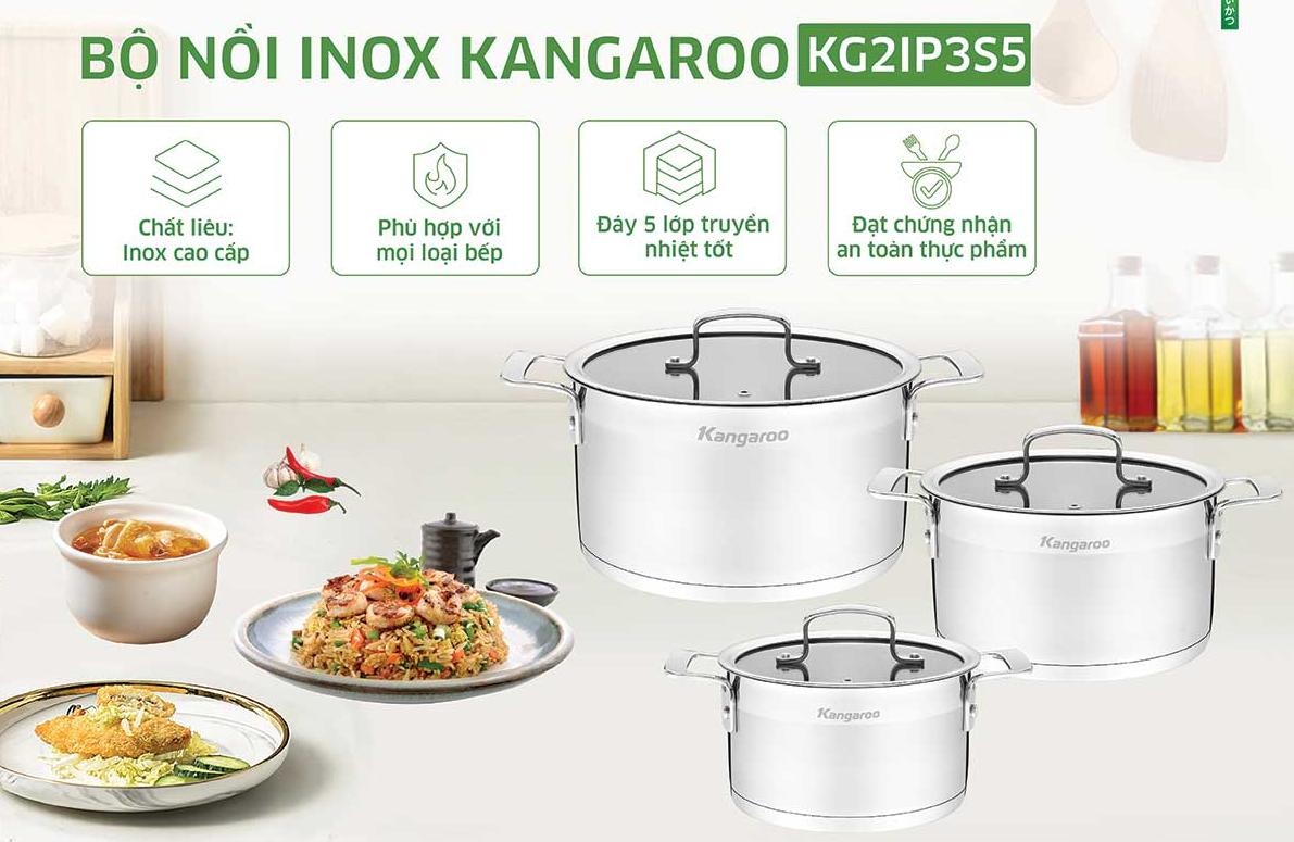 Bộ 3 nồi inox 5 đáy nắp kính Kangaroo KG2IP3S5